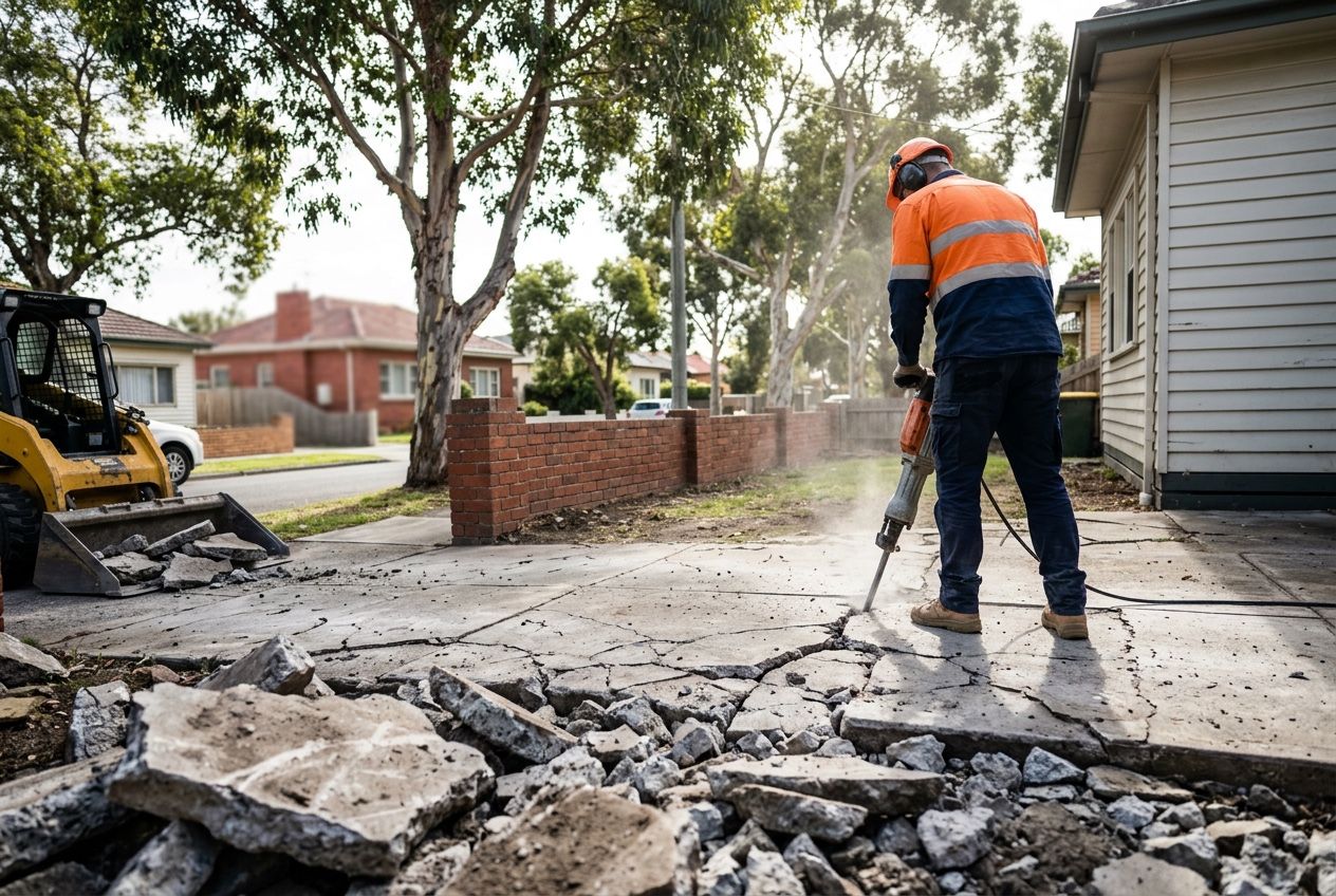Old concrete driveway being broken up for removal at a Melbourne home