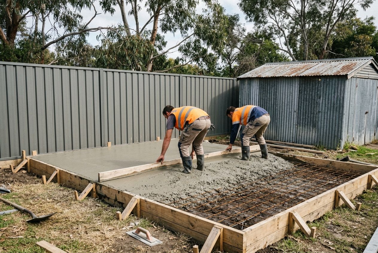 Concrete slab being screeded for a backyard shed base in Melbourne