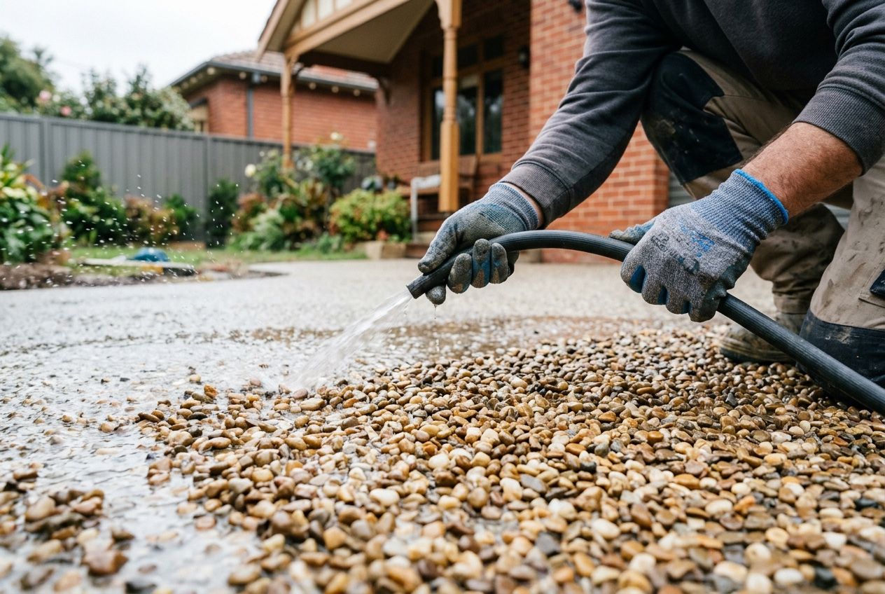 Exposed aggregate concrete driveway surface at a Melbourne home
