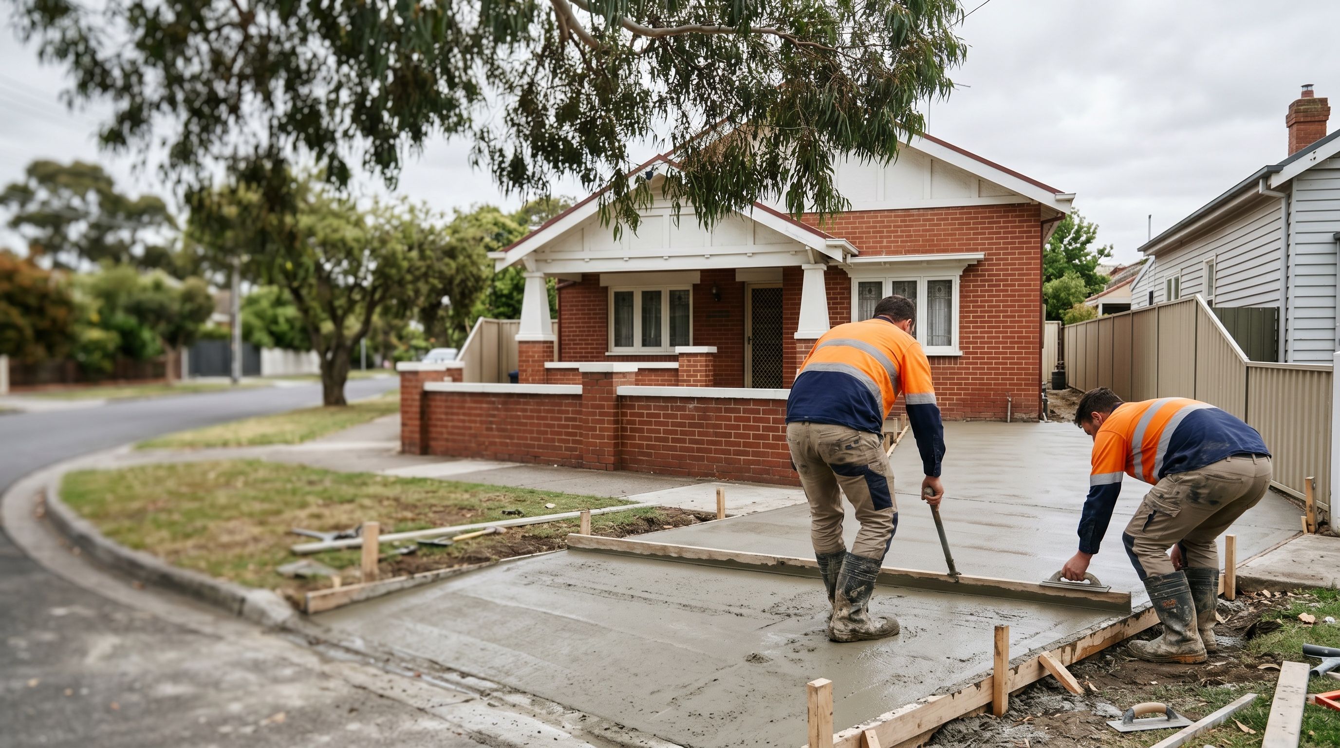 Concreter finishing a fresh concrete driveway at a Coburg home